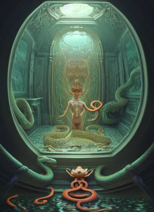 Image similar to hyperreal ultra detailed hypnagogic recollections from the waters of the unconscious. a 3 d psychopomp watching on. a child's face in the mirror, a doorway threshold, a snake, sharp focus, a digital egregore, global illumination, ornate, art by shaun tan, fenghua zhong and daniel merriam and dan mumford octane render