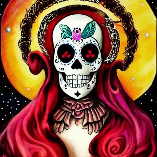 Image similar to a character portrait of a being with a fox sugar skull face, themed on the stars and moon, painting by jeff easley