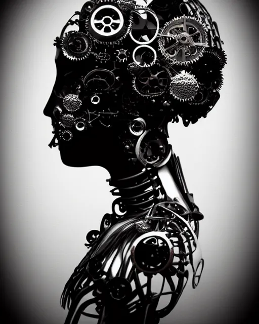 Image similar to black and white dreamy foggy smoky profile face portrait, one silver steampunk realistic eye biomechanical beautiful young female cyclope - cyborg - robot bust, body ribs meshes,, volumetric light, hibiscus flowers, by hg giger, rim light, by dora maar and cecile beaton, big gothic fashion pearl embroidered collar, 8 k