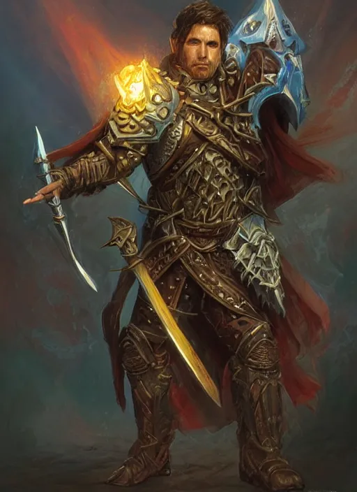 Image similar to holy paladin, ultra detailed fantasy, dndbeyond, bright, colourful, realistic, dnd character portrait, full body, pathfinder, pinterest, art by ralph horsley, dnd, rpg, lotr game design fanart by concept art, behance hd, artstation, deviantart, hdr render in unreal engine 5