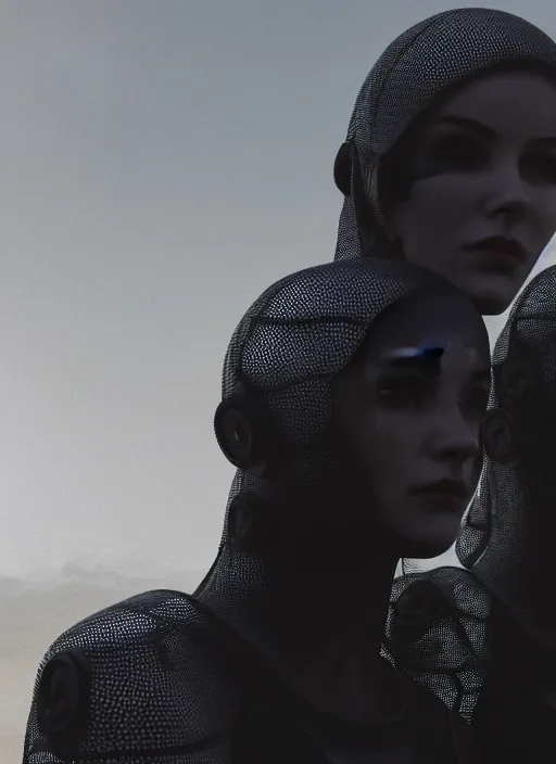 Prompt: cinestill 5 0 d photographic portrait of two loving female androids wearing rugged black mesh techwear in a desolate los angeles, extreme closeup, modern cyberpunk, dust storm, 8 k, hd, high resolution, 3 5 mm, f / 3 2, ultra realistic faces, ex machina