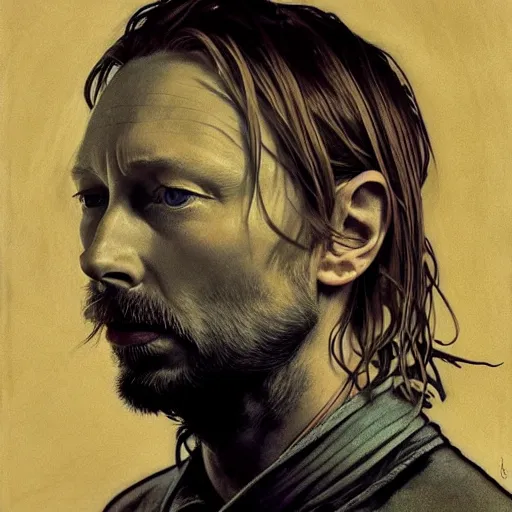 Image similar to hyper realistic, variations portrait of smooth very old thom yorke variations, strong variations, singer songwriter, ( side ) profile, liminal space, by lee bermejo, alphonse mucha and greg rutkowski, greybeard, smooth face