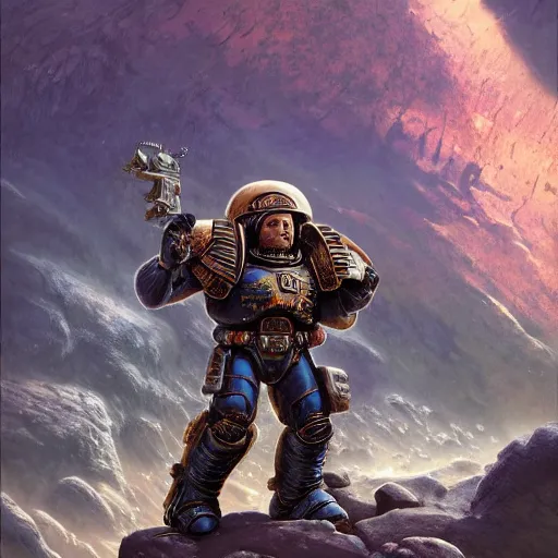 Prompt: A space marine on dead world full of rocks, highly detailed, centered, digital painting, artstation, concept art, donato giancola, Joseph Christian Leyendecker, WLOP, Boris Vallejo, Breathtaking, 8k resolution, extremely detailed, beautiful, establishing shot, artistic