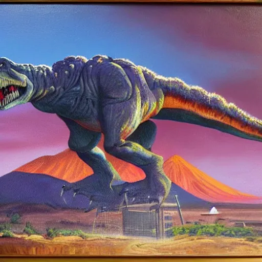 Prompt: A comit about to hit earth, a trex dinosaur is looking, a volcano erupting in the background, oil painting