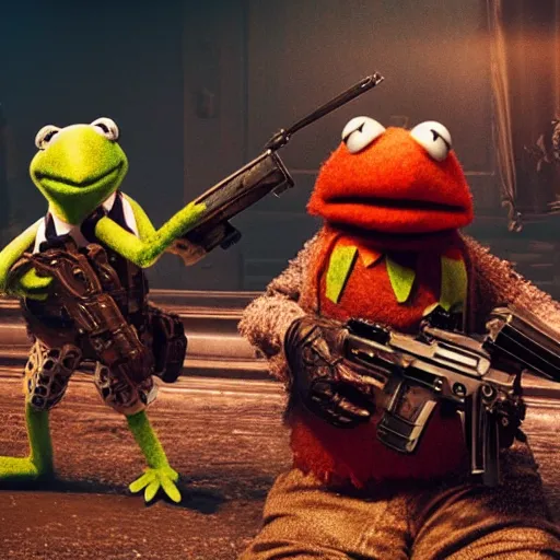 Prompt: the muppets in gears of war, splash art, movie still, cinematic lighting, dramatic, octane render, long lens, shallow depth of field, bokeh, anamorphic lens flare, 8 k, hyper detailed, 3 5 mm film grain