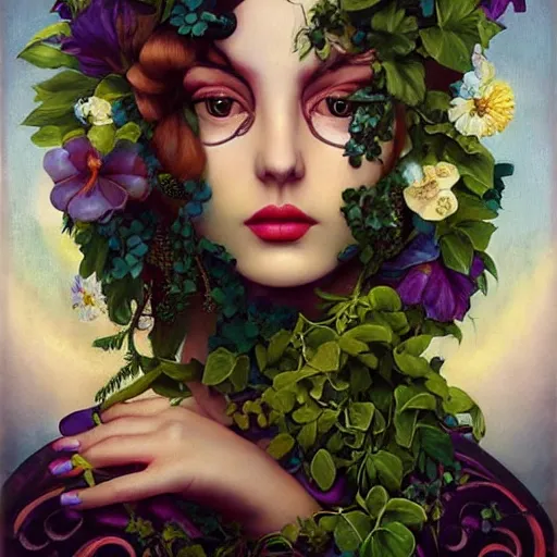 Prompt: dynamic composition, a painting of woman with hair of ( summer flowers )!! and vines wearing ornate earrings, ornate gilded details, a surrealist painting by tom bagshaw and jacek yerga and tamara de lempicka and jesse king, featured on cgsociety, pop surrealism, surrealist, dramatic lighting, wiccan, pre - raphaelite