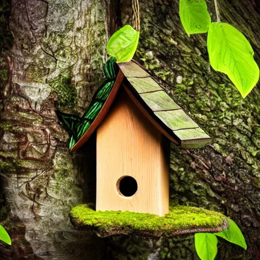 Image similar to wooden birdhouse in a tree in the rain forest, mushrooms and leaves on the birdhouse, backlit, realistic, beautiful lighting