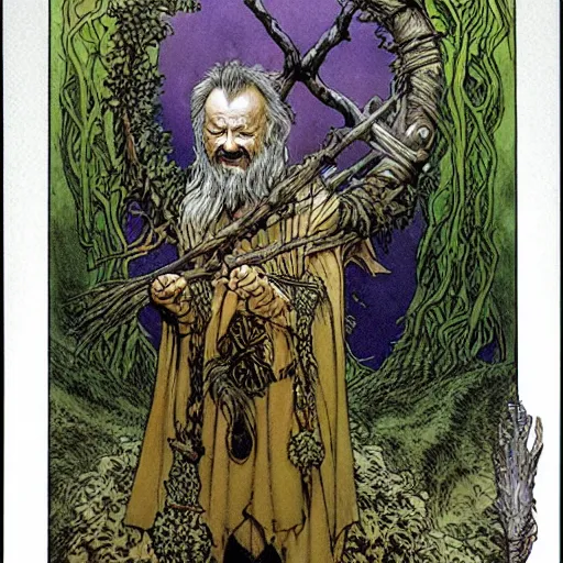 Image similar to a realistic and atmospheric high fantasy portrait of bill murray as a mystical druidic warrior wizard doing an arcane pagan ritual by rebecca guay, michael kaluta, charles vess and jean moebius giraud