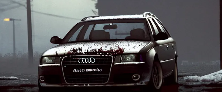 Image similar to Audi A4 B6 Avant (2002), a gritty neo-noir, dramatic lighting, cinematic, eerie person, death, homicide, homicide in the snow, viscera splattered, gunshots, bullet holes, establishing shot, extremely high detail, photorealistic, fire, arson, cinematic lighting, artstation, by simon stalenhag, Max Payne (PC) (2001) winter New York at night, In the style of Max Payne 1 graphic novel, flashing lights, Poets of the Fall - Late Goodbye