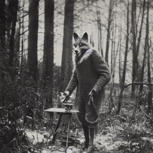 Image similar to anthropomorphic fox man doing fieldwork, 1910s film still