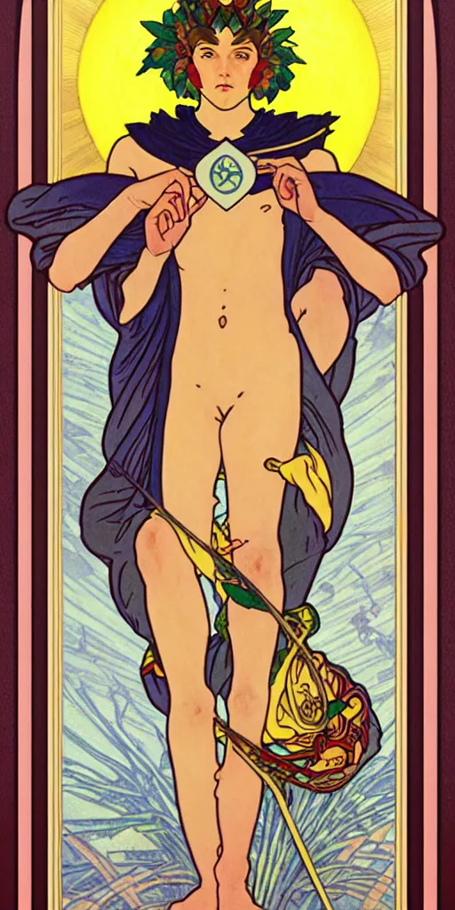 Image similar to the fool, ryder tarot card with an art deco boarder, high quality, digital painting, by studio ghibli and tammara de lempika and alphonse mucha, artgerm