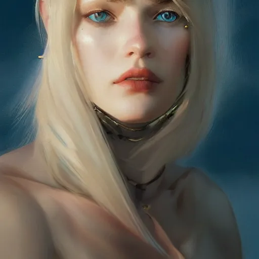 Image similar to full lentgth portrait of a young and beautiful blonde waif with piercing blue eyes, dramatic light, gorgeous view, depth, high detail, digital art, painted by greg rutkowski and vogue, trending on artstation