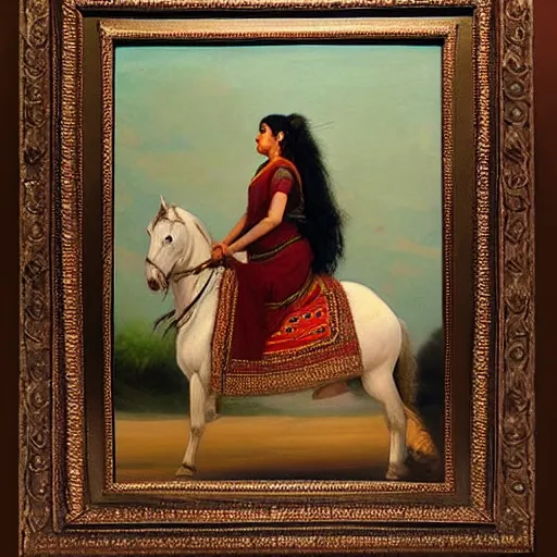 Prompt: a painting of a!! kurdish!! woman riding a beautiful white horse, an oil on canvas painting by raja ravi varma, award winning art, featured on deviantart, qajar art, detailed painting, oil on canvas, acrylic art, extremely detailed, incredibly intricate, elegant