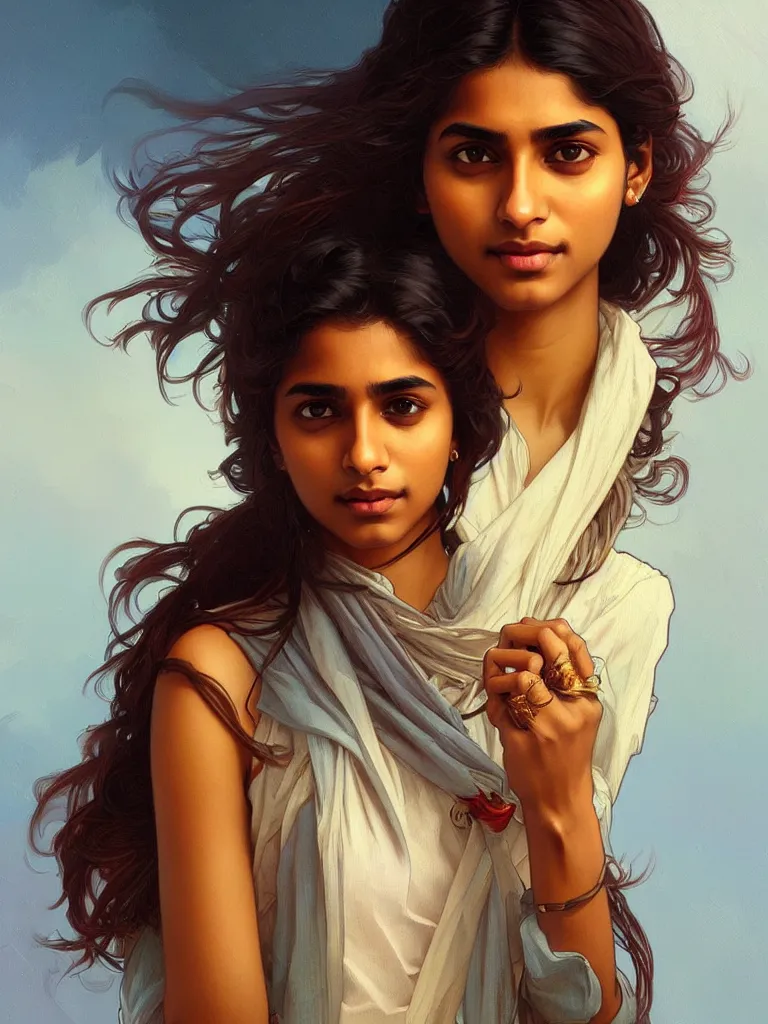 Image similar to Anxious pretty young Indian doctor wearing jeans leaving a plane, portrait, elegant, intricate, digital painting, artstation, concept art, smooth, sharp focus, illustration, art by artgerm and greg rutkowski and alphonse mucha