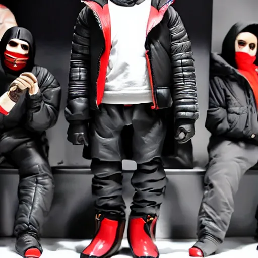 Image similar to kanye west using a full face covering black mask, a small, tight, undersized reflective bright red round puffer jacket made of nylon, dark jeans pants and big black balenciaga rubber boots action figure, 5 points of articulation, full body, 4 k, highly detailed