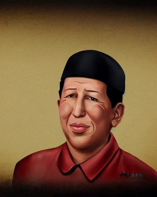 Image similar to Digital presidential anime art of Hugo Chavez by A-1 studios, serious expression, empty warehouse background, highly detailed, spotlight