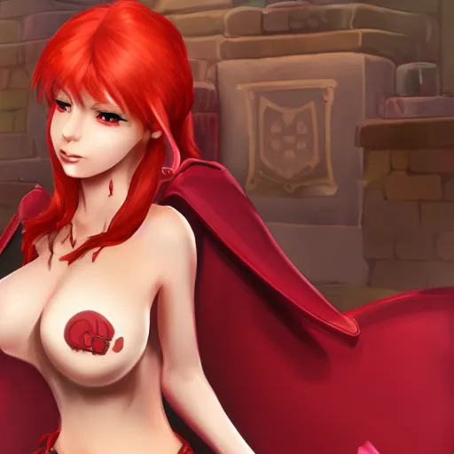 Prompt: natalie from epic battle fantasy, redhead, cartoony, priestess, red robes