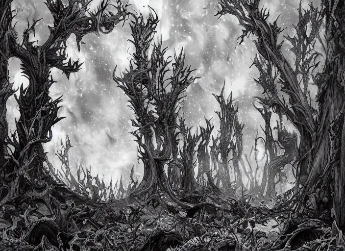 Prompt: a landscape of a forest at hell by takeshi obata and mike mignola, hell, dragons, red and black colors, colors, abandoned buildings, forest with trees with faces, small demons, shadows screaming, night sky, highly detailed, cgsociety, artstation, pencil and ink, very detailed