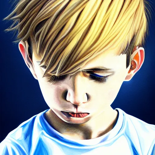 Image similar to highly detailed painting of deep sadness alone, young blonde boy, expressive emotional sadness piece, trending on art station, abstract emotional sadness expression, very very very beautiful, digital art