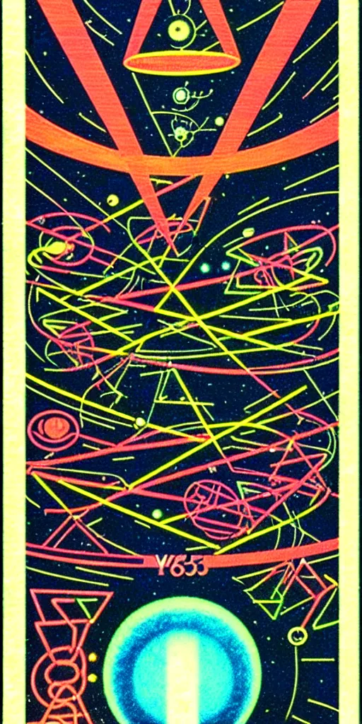 Image similar to 1968 science fiction tarot card, cut out collage, neon Aztec, non Euclidean, spring on Saturn, epic theater, deep sea, mountain plants, drawings in part by moebius, part by Ernst Haekl, text by William S Boroughs