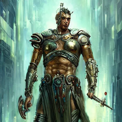 Prompt: stunning portrait of greek god poseidon wearing scale armor, painting by Raymond Swanland, cyberpunk, sci-fi cybernetic implants hq