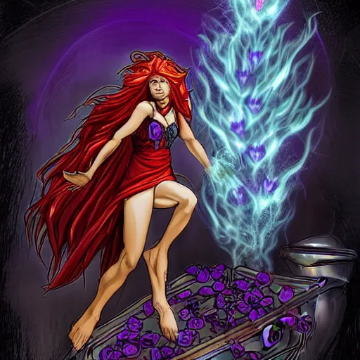Image similar to The celestial warlock (a beautiful half elf with long red hair) clumsily knocks a single red rose from the top of a funerary urn, releasing an angry wraith from inside the urn. The urn is on the floor, the rose is falling. Dramatic digital art illustration in comic book style by Simon Bisley