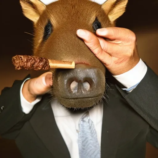 Prompt: smoking cigar, a man wearing a suit capybara head (smoking cigar)