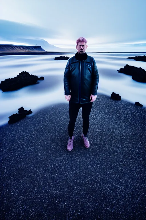 Prompt: high quality pastel coloured film wide angle selfie photograph of a plain looking male with cyber enhancement standing in an icelandic black rock environment. sarcastic expression. three point light. photographic. art directed. pastel colours. volumetric light. stark. waves glitch. 8 k. filmic.