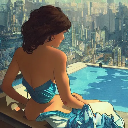 Prompt: city seen from far away in swimming pool, highly detailed, digital painting, artstation concept art, smooth, sharp focus, artgerm, alphonse mucha,