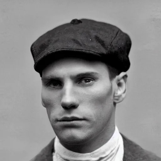 Image similar to A photograph portrait of Jerma985 wearing a newsboy cap in the early 1900s, taken in the early 1900s, grainy, taken on a early 1900s Kodak Camera, realistic, hyperrealistic, very realistic, highly detailed, very detailed, extremely detailed, detailed, digital art, trending on artstation