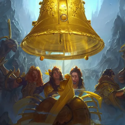 Image similar to a holy giant ringing bell made of gold, yellow theme, bright art masterpiece artstation. 8 k, sharp high quality artwork in style of jose daniel cabrera pena and greg rutkowski, concept art by tooth wu, blizzard warcraft artwork, hearthstone card game artwork, giant ringing bell