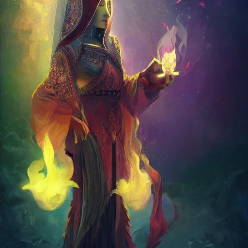 Image similar to ( a priestess with a hood that covers half her face carries an incense burner that emits a pleasantly colored flame. ) by anato finnstark, dream, full body portrait, dynamic lighting, beautiful, trending on artstation, wallpaper, 4 k, award winning, digital art, very detailed faces