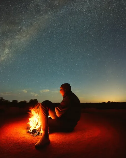 Image similar to man sitting at uluru, medicine drum, night sky, small fire, cosmic sky