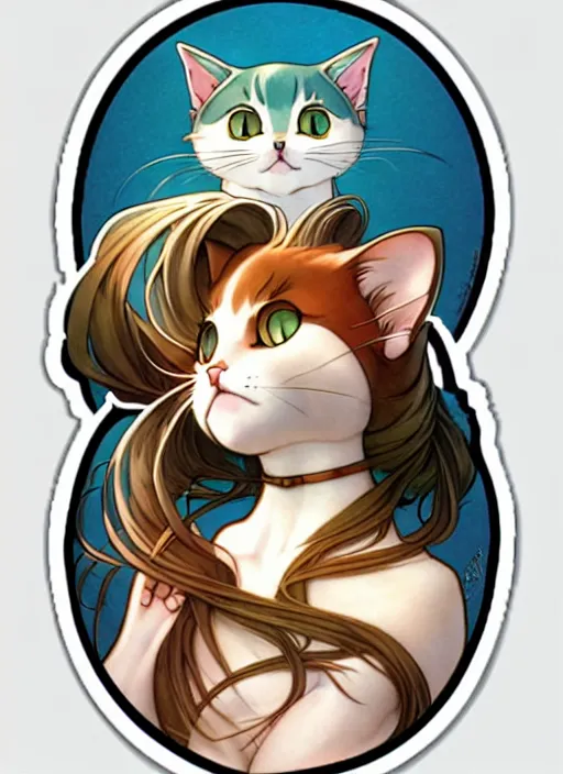 Prompt: cute cat sticker design, natural lighting, path traced, highly detailed, high quality, digital painting, by don bluth and ross tran and studio ghibli and alphonse mucha, artgerm