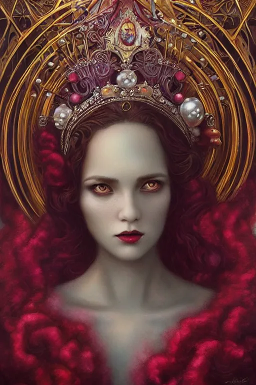 Prompt: Crown with iridescent pearls, ruby jewels, other worldly, art nouveau, by Anato Finnstark, Tom Bagshaw, Brom