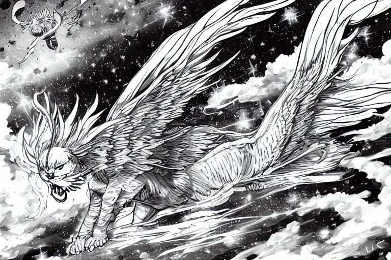 Image similar to angelic majestic winged lioness flying in outer space, stars dotted in background, black and white ink on paper, thick thick thick outlines, 8k high quality detailed manga art, trending on art station and cgsociety, super wide angle, octane, by Eiichiro Oda