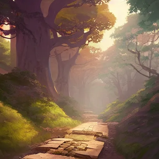 Image similar to concept art by sylvain sarrailh of an stone path leading to an abandonned asian temple, asiatic forest, studio ghibli