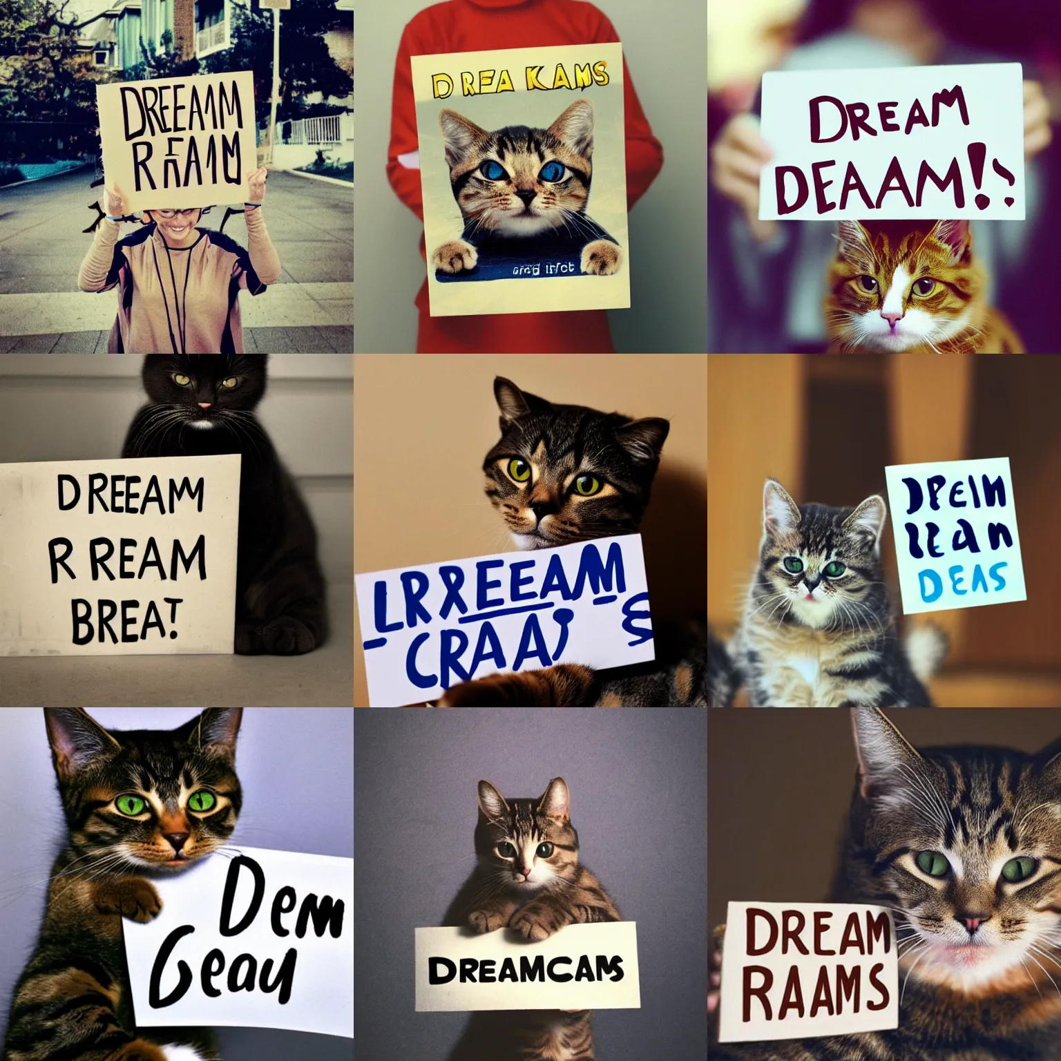 Image similar to realistic high quality photo of a cute cat holding a sign with text that reads : dream cats