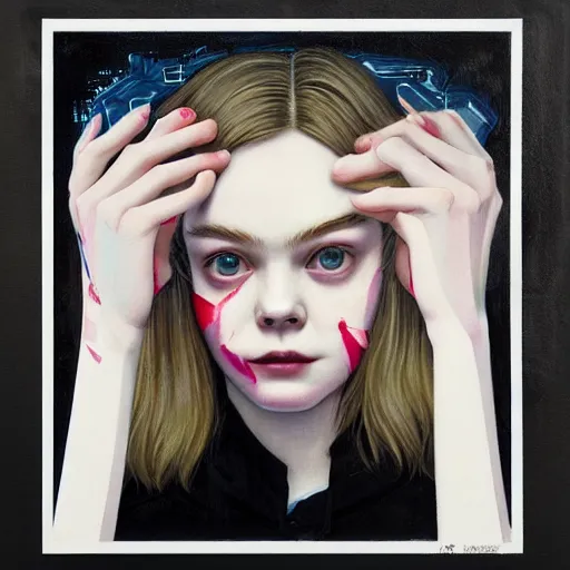 Prompt: Elle Fanning in Peace Walker picture by Sachin Teng, asymmetrical, dark vibes, Realistic Painting , Organic painting, Matte Painting, geometric shapes, hard edges, graffiti, street art:2 by Sachin Teng:4