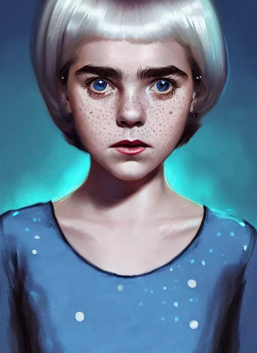 Prompt: portrait of kiernan shipka with freckles, white hair, 1 9 6 0 s bob hairstyle with bangs and hairband, blue 1 9 6 0 s dress, intricate, elegant, glowing lights, highly detailed, digital painting, artstation, concept art, smooth, sharp focus, illustration, art by wlop, mars ravelo and greg rutkowski