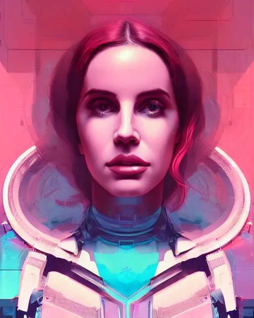 Image similar to portrait of lana del rey as a cyborg. intricate abstract. intricate artwork cyberpunk by tooth wu, wlop, beeple, dan mumford. octane render, trending on artstation, greg rutkowski very coherent symmetrical artwork. cinematic, hyper realism, high detail, octane render, 8 k, blue and pink iridescent accents