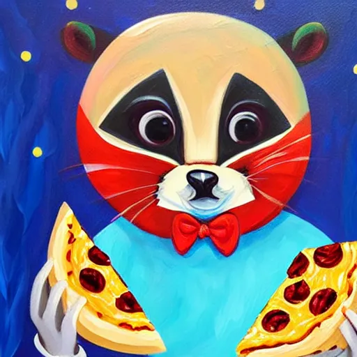 Prompt: an adorable and cute jeremiah ketner acrylic impasto! painting! of a crying, sad raccoon eating pizza