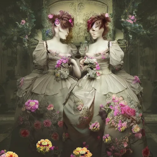 Image similar to 8k, octane render, realism, rococo, baroque, tonalism, renaissance, group of creepy young ladies wearing long harajuku manga dress with flowers and skulls, background chaotic flowers