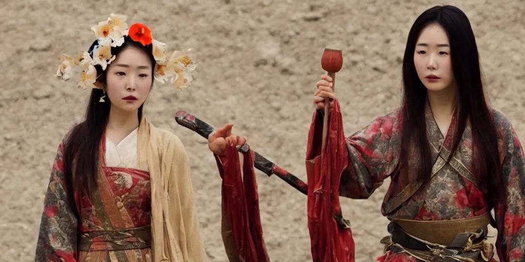 Prompt: in the movie scene, yu ji, a beauty from the ancient chinese state of chu, killed herself with a sword, and a poppy flower grew out of the pool of blood 1 6 : 9