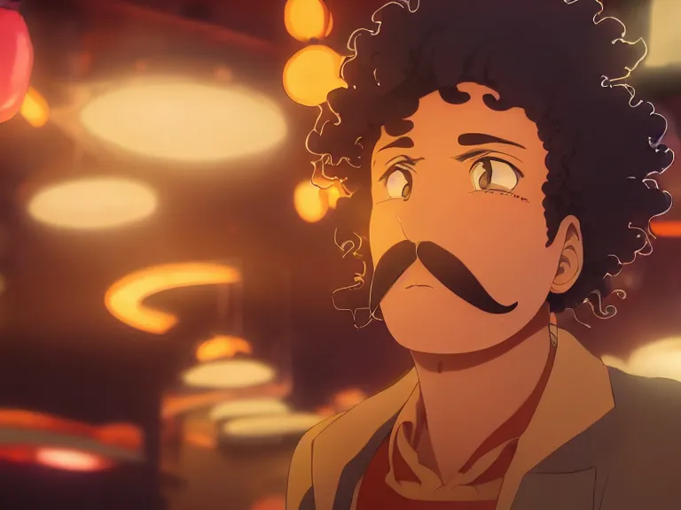 Prompt: close - up anime still of ( ( charming!!!!! latino middle - aged anime protagonist with curly afro and moustache!!! tilting his head charmingly ) late night in an anime bar, cozy lights, detailed orange atmosphere. cinematic rim lighting, global illumination, trending on artstation, hypdertailed, perfect shading, dreamy, masterpiece