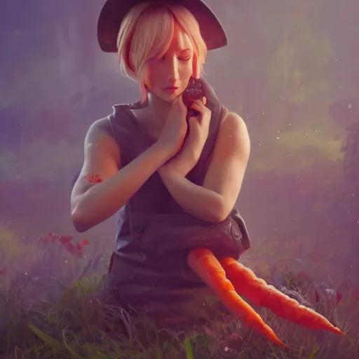 Image similar to carrots in a garden, huggy wuggy from poppy playtime video game, fullbody, ultra high detailed, oil painting, greg rutkowski, charlie bowater, yuumei, yanjun cheng, unreal 5, daz, hyperrealistic, octane render, rpg portrait, dynamic lighting, fantasy art, beautiful face