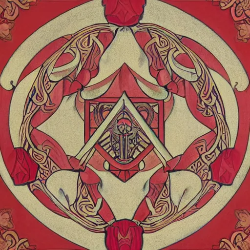 Prompt: symmetrical mural painting from the early 1 9 0 0 s in the style of art nouveau, red curtains, art nouveau design elements, art nouveau ornament, scrolls, flowers, flower petals, rose, opera house architectural elements, mucha, masonic symbols, masonic lodge, joseph maria olbrich, simple, iconic, graphic, masonic art, masterpiece, trending on artstation