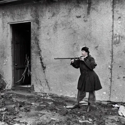 Prompt: amelia Clarke aiming a rifle in a derelict alley, attire: army,