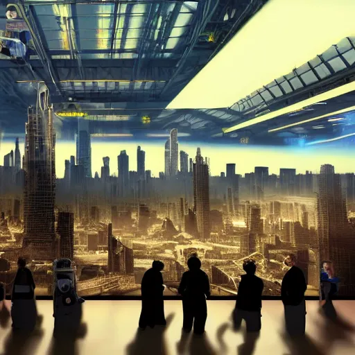 Prompt: large group people in a warehouse, looking at hologram of futuristic city on a table, cinematic concept art, godrays, golden hour, natural sunlight, 4 k, clear details, tabletop model buildings, tabletop model, hologram center, drone perspective