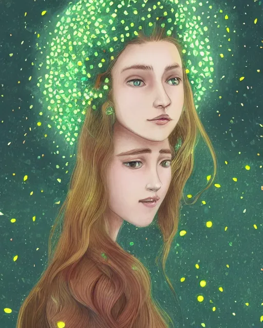 Image similar to a young woman, admiring the lights of golden fireflies, sitting in the midst of nature fully covered, long loose red hair, intricate linework, green eyes, small nose with freckles, oval shape face, soft happy smile, realistic, expressive emotions, mystical scene, hyper realistic ultrafine detailed illustration by james jean